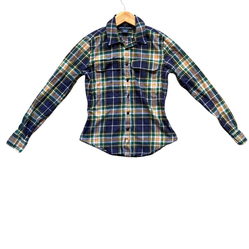 Ralph Lauren Shirt Womens 2 Slim Fit Navy Green Plaid Button-Down EUC